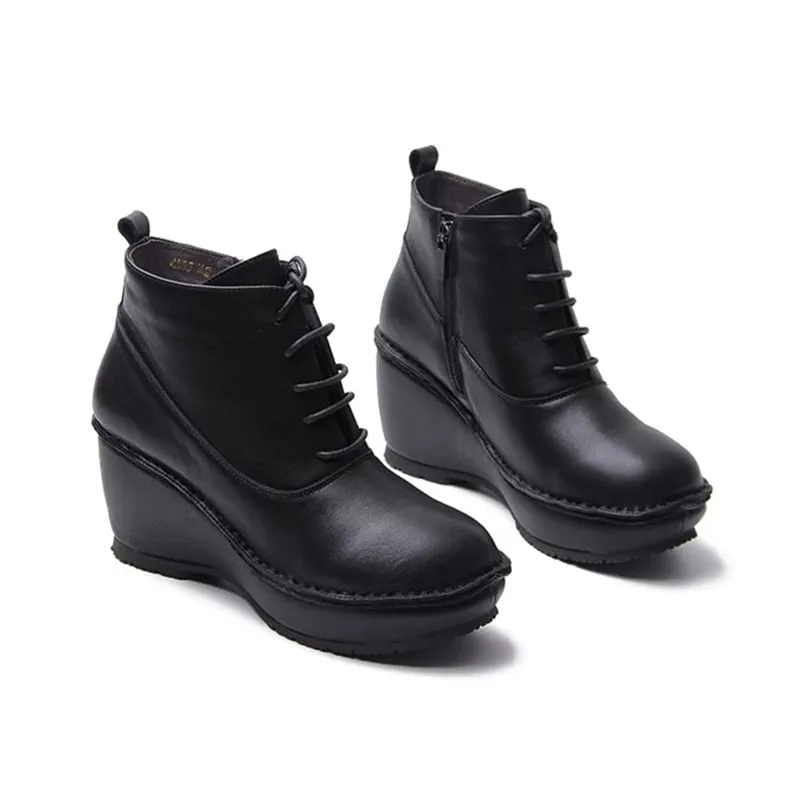 70mm Wedge Ankle Boots For Women Handmade Lace-Up Ankle Booties in Black/Nude