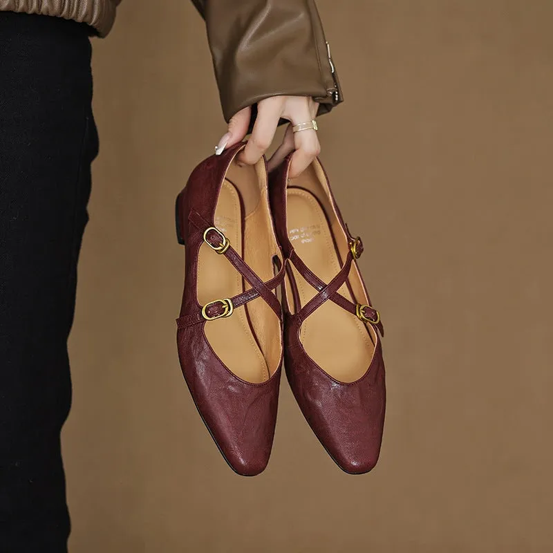 Handmade Sheepskin Mary Jane Flats With Cross-strap Detail in Wine Red/Black/Beige