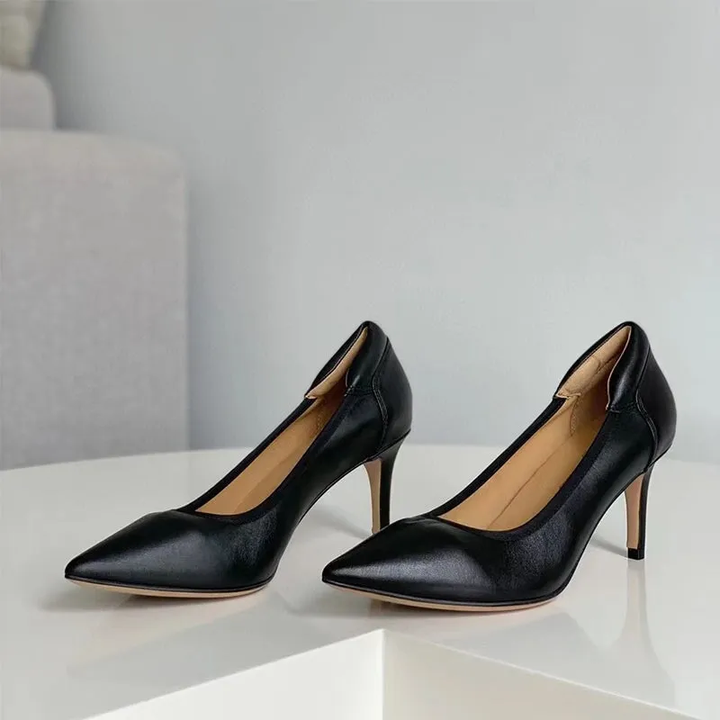 Handmade Sheepskin Point Toe Pumps 70mm High Heel In Black/Apricot/Gray