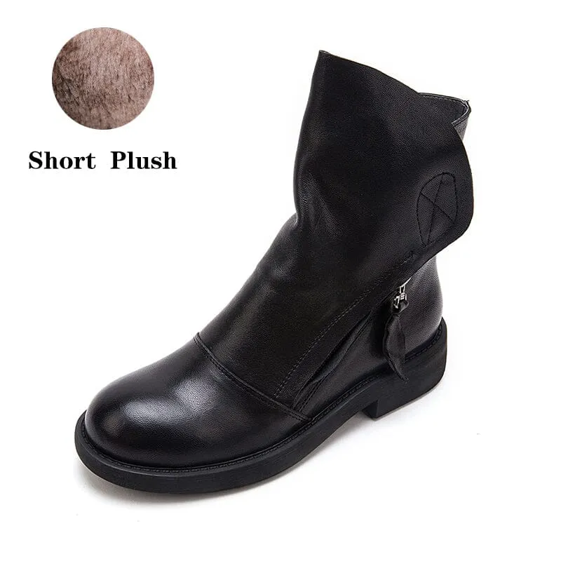 Leather Zip Boots Retro Riding Boots Women Chunky Wrinkled Ankle Boots Black/Coffee